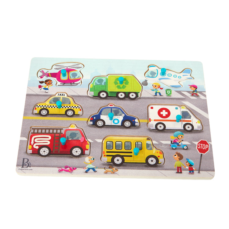 Children's puzzle with toy vehicles and figures on a road background