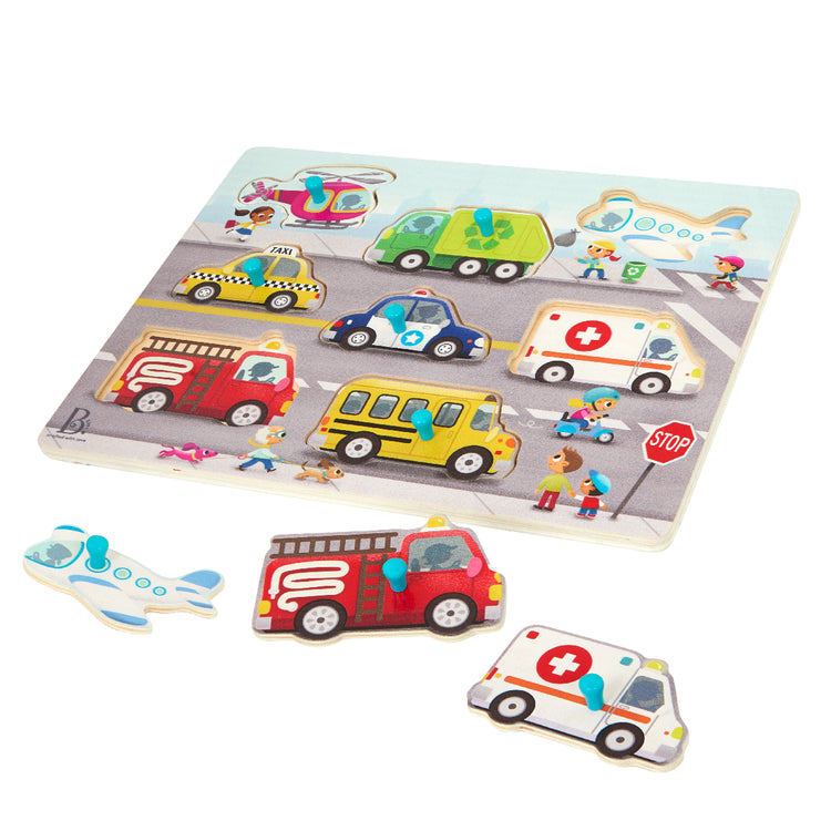 Children's puzzle with colorful vehicle pieces on a white background