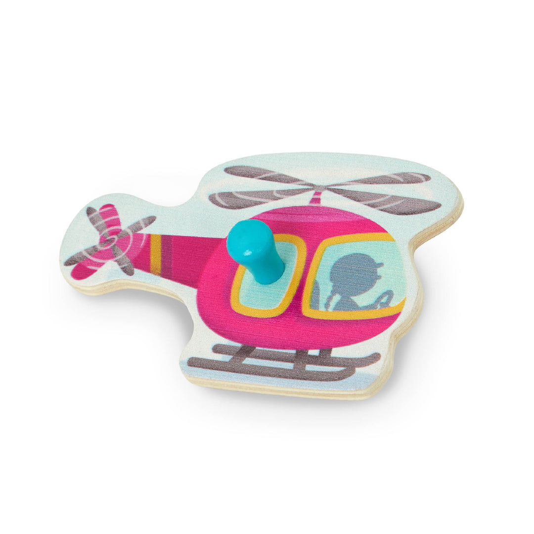 Colorful helicopter-shaped toy on a white background