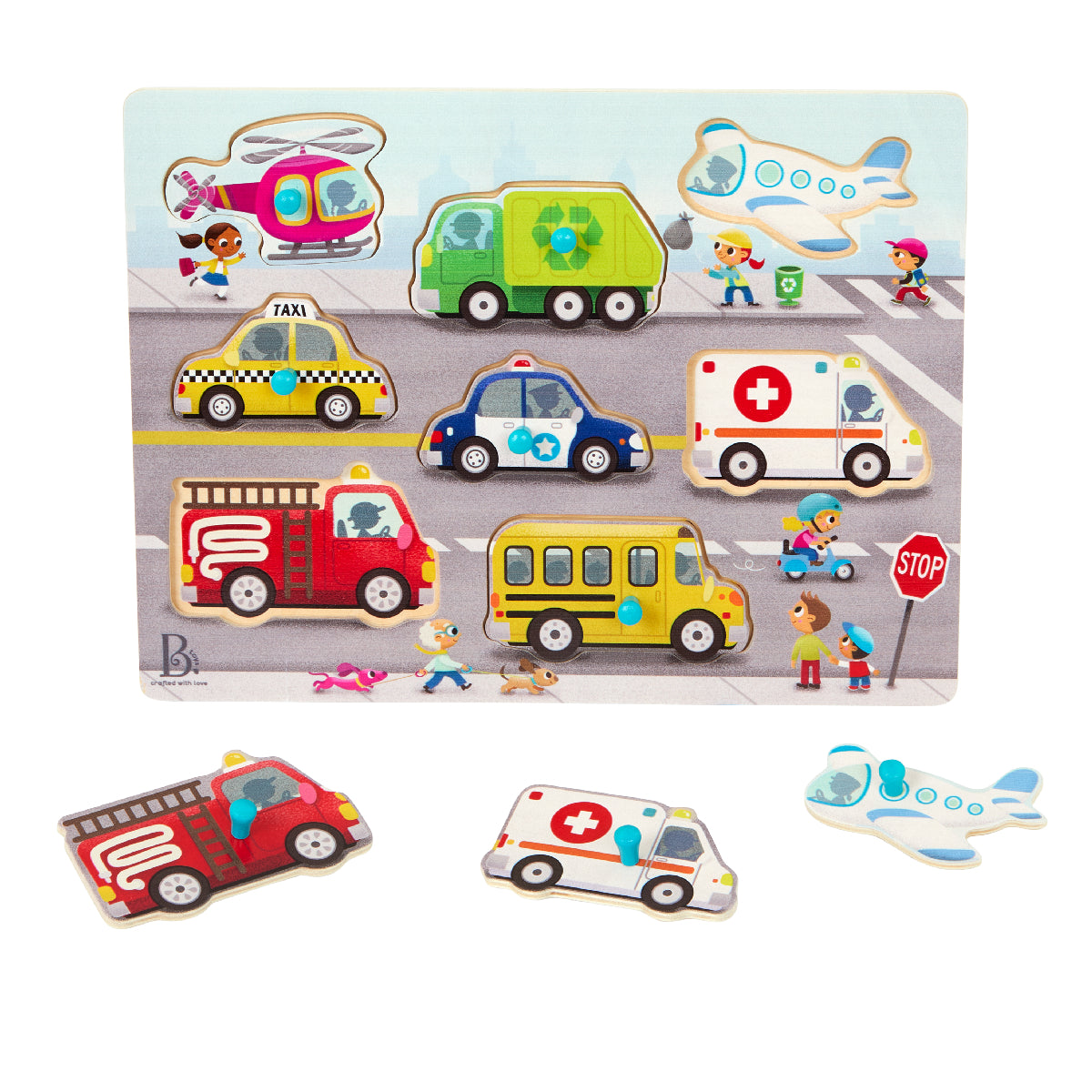 Wooden puzzle with colorful vehicle figures on a white background