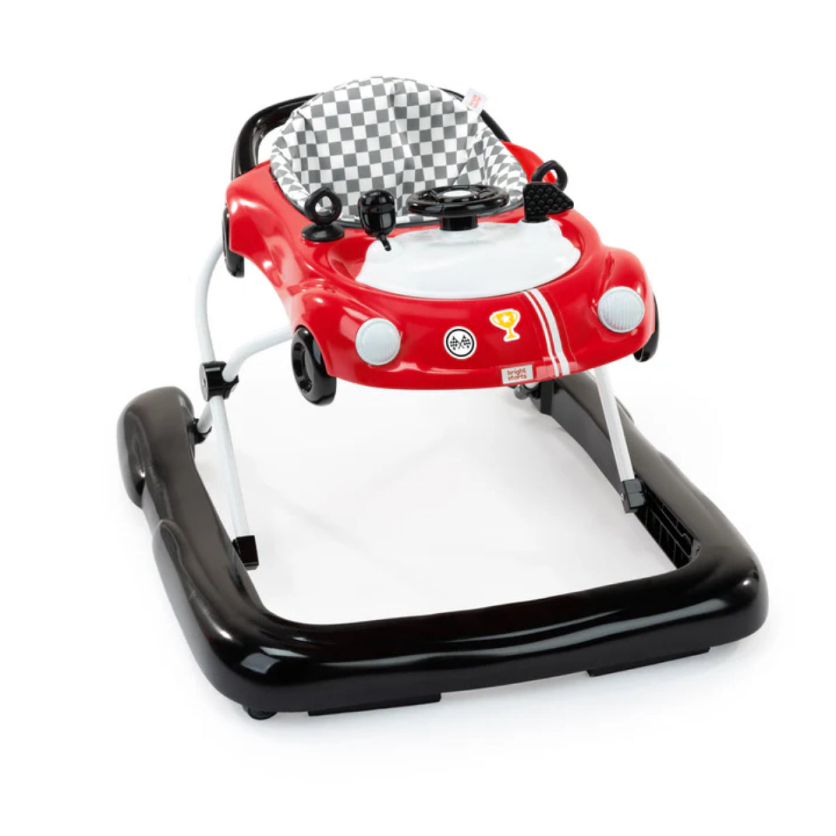 Red baby walker with checkered pattern on a white background