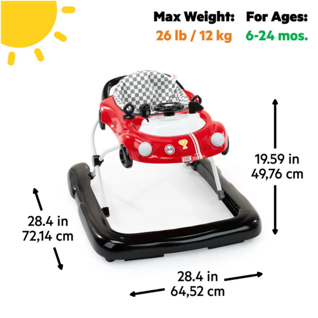 Red baby walker with measurements and weight capacity on a white background