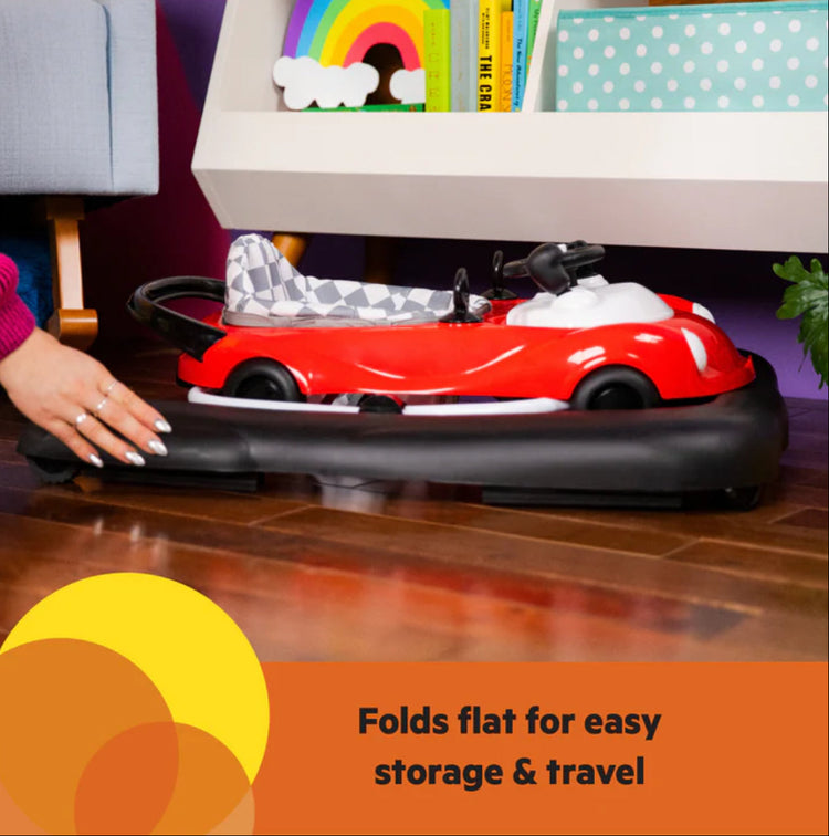 Red toy car on a black stand with a shelf above containing books, with text 'Folds flat for easy storage & travel'.