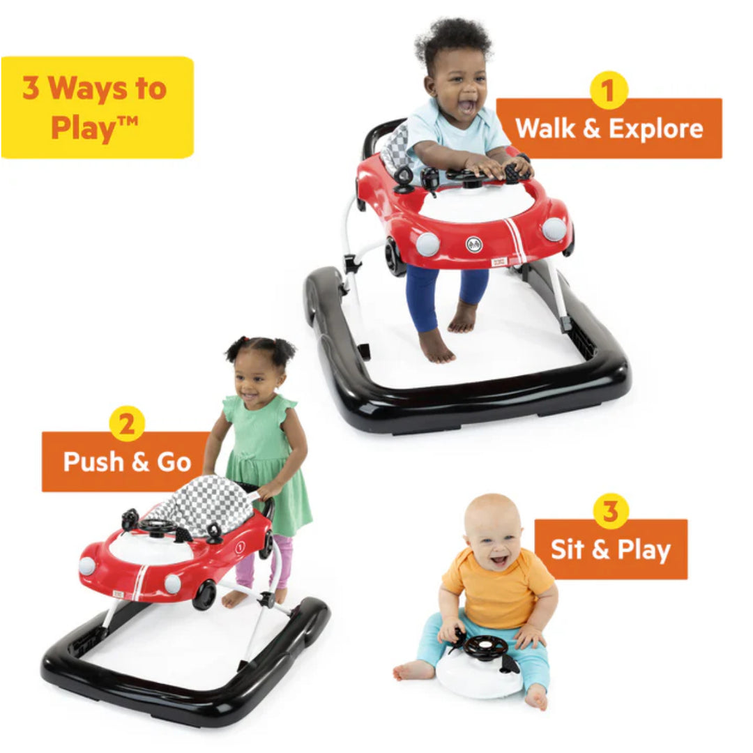 Three children using a red and black baby walker with text indicating '3 Ways to Play'.