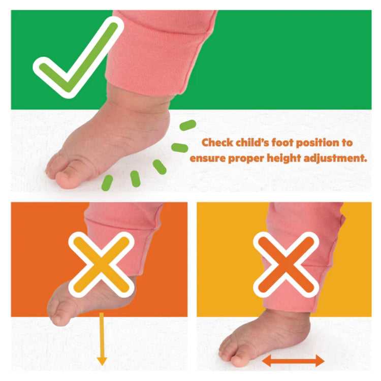 Illustration showing correct and incorrect foot positions for children with a green check mark and red crosses.