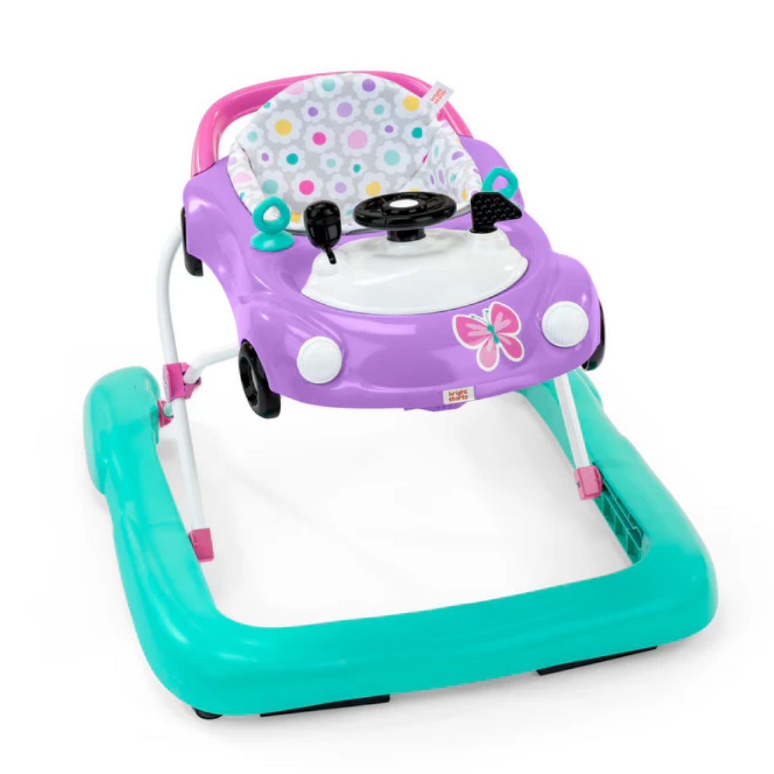 Purple and teal baby walker with butterfly design on a white background