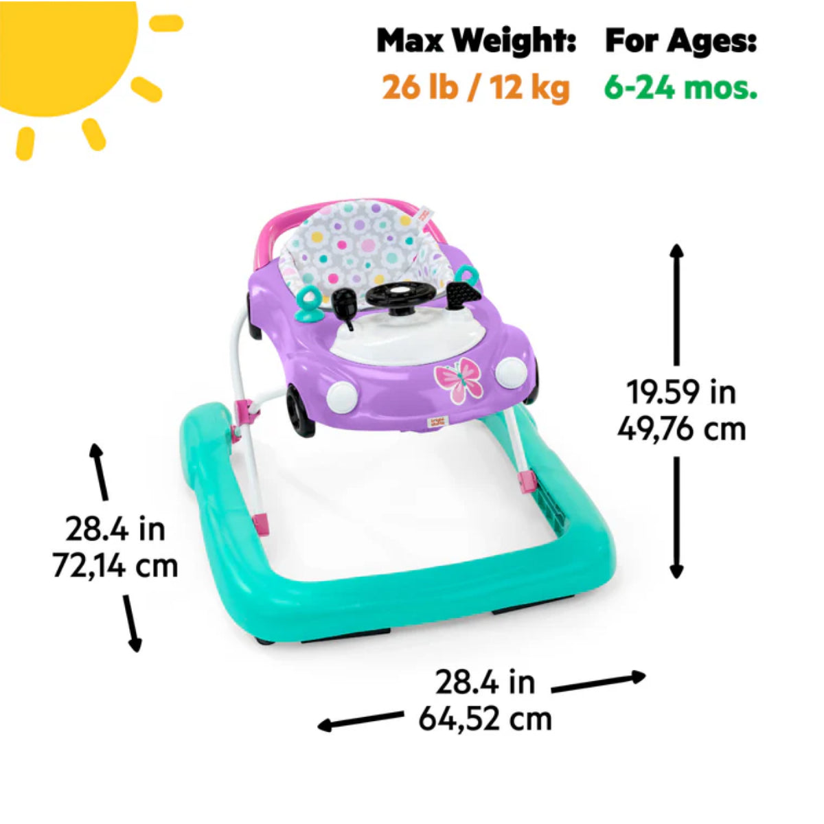 Baby walker with dimensions and weight capacity on a white background