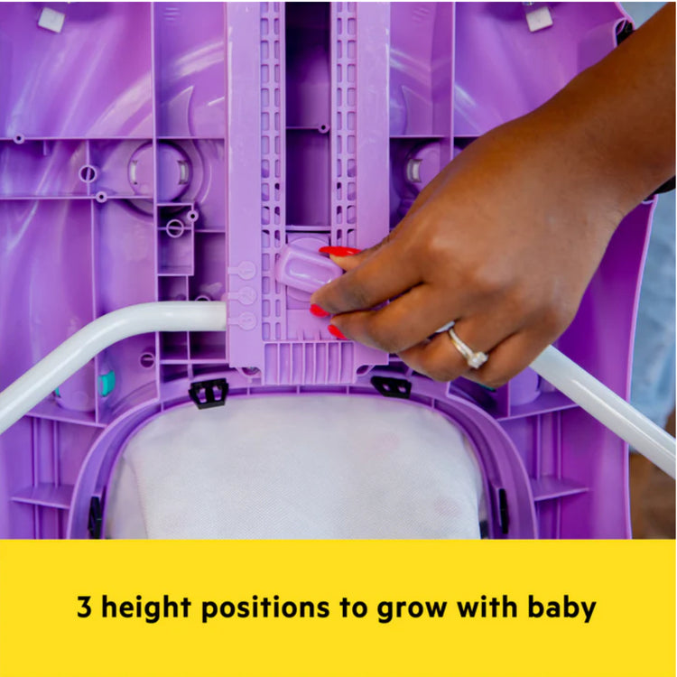 Purple baby high chair with hand adjusting a component, text '3 height positions to grow with baby' at the bottom.