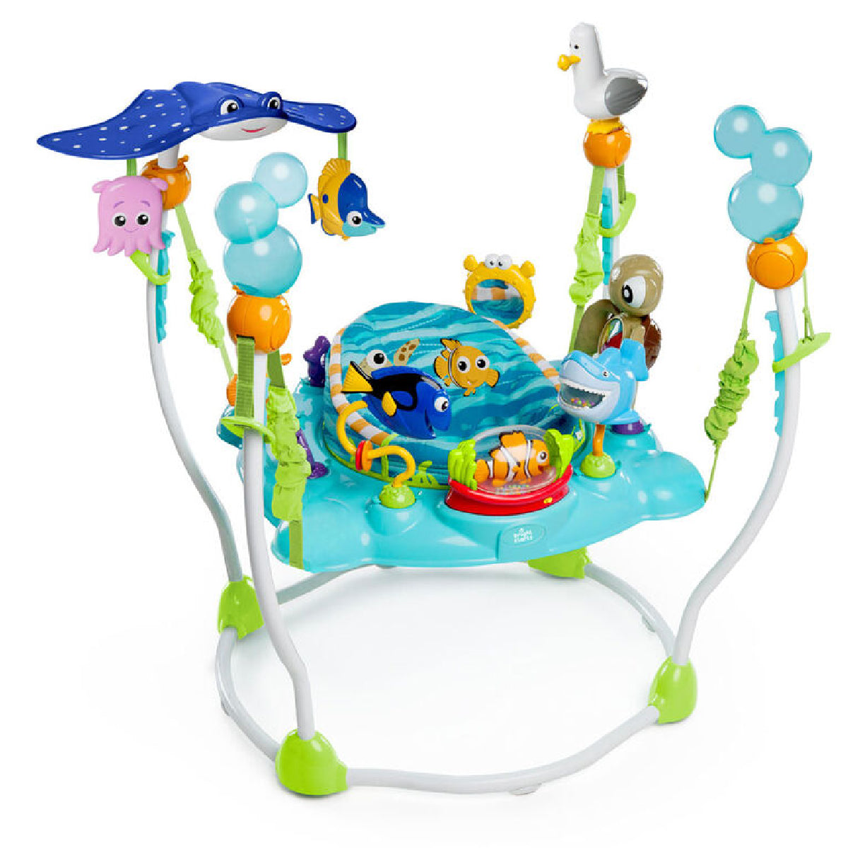 Colorful baby jumper with ocean-themed toys on a white background