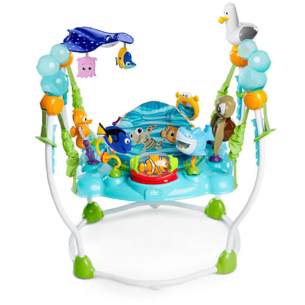 Baby jumper with ocean-themed toys and characters on a white background