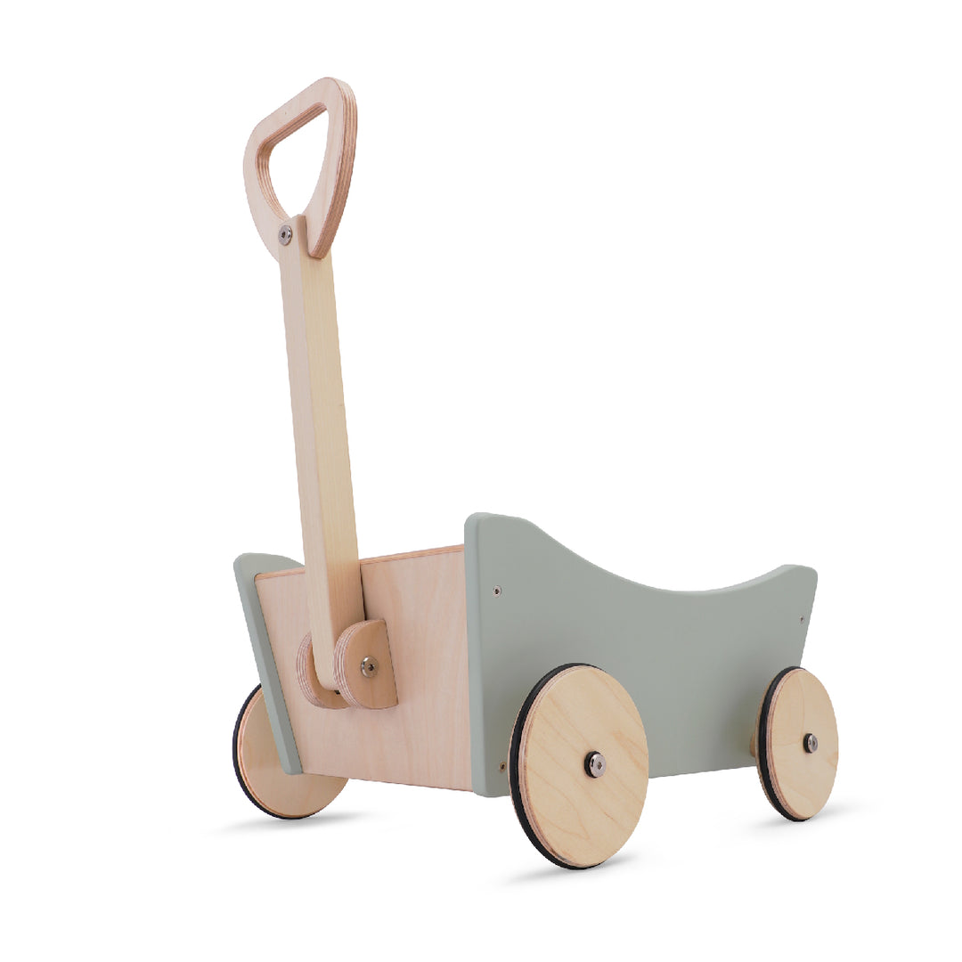 Children's wooden push cart with a light gray body and beige handle on a white background