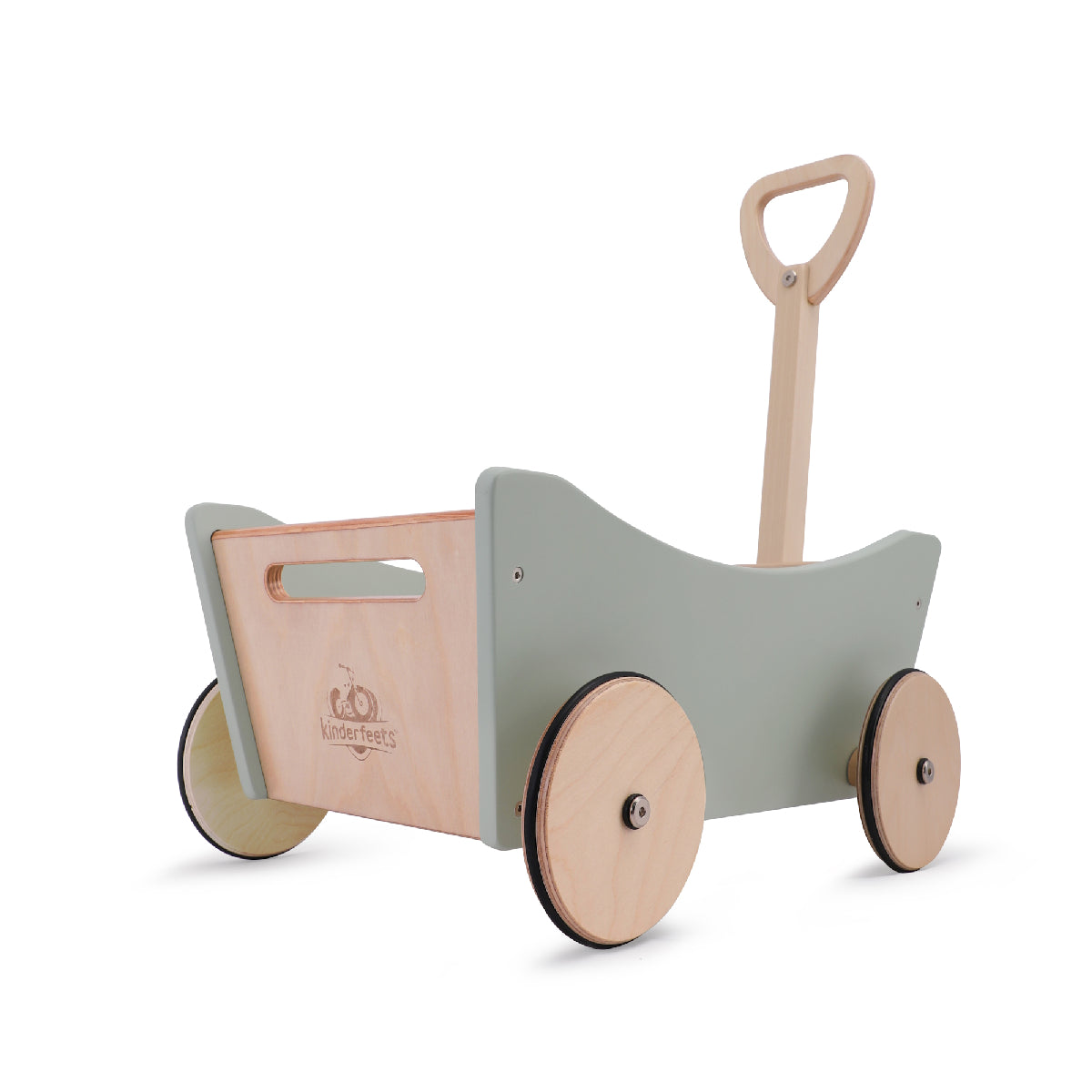 Children's wooden push cart with a light gray body and pink seat on a white background
