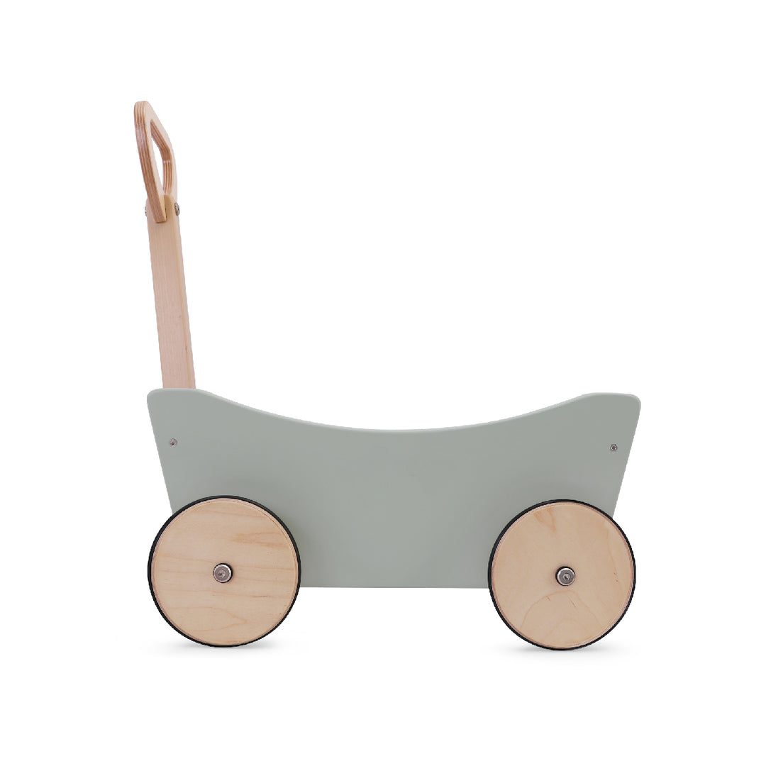 Children's wooden push cart with a light gray body and beige wheels on a white background