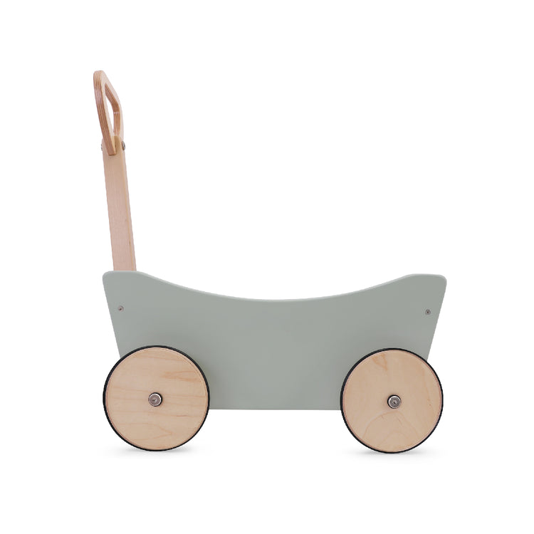 Children's wooden push cart with a light gray body and beige wheels on a white background