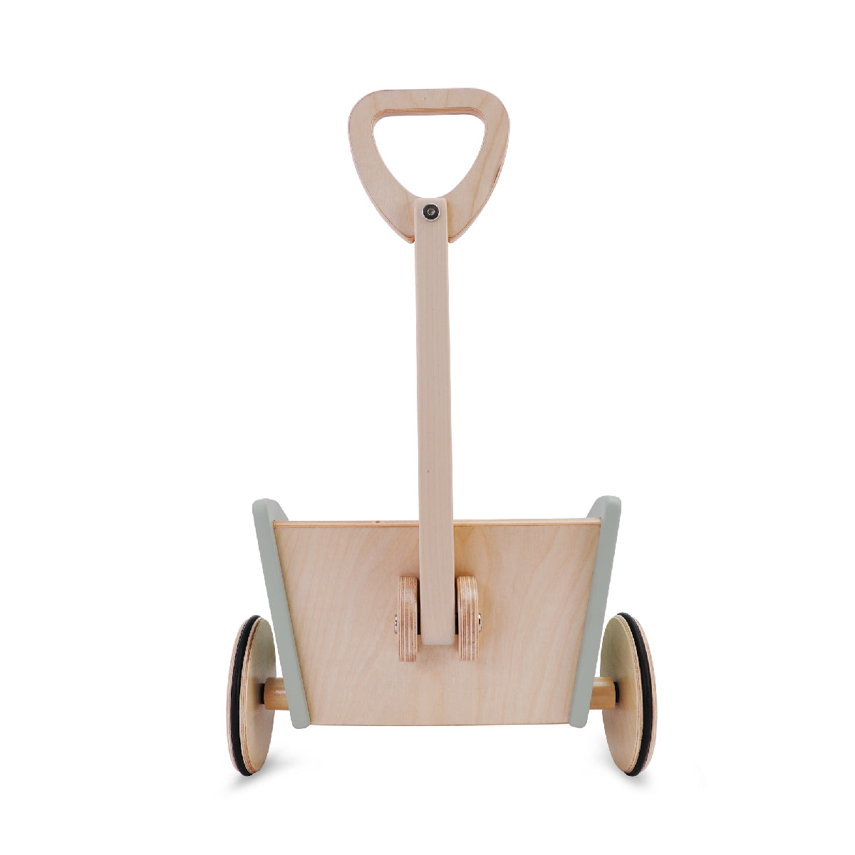 Wooden toy cart with a handle on a white background