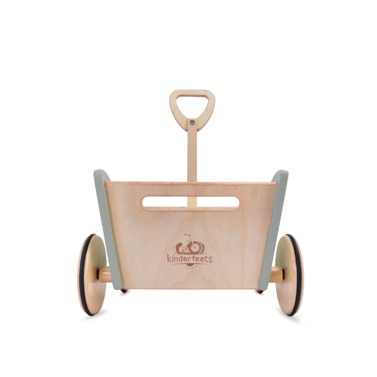 Wooden toy wagon with wheels and handle on a white background, branded 'kinderfeets'.