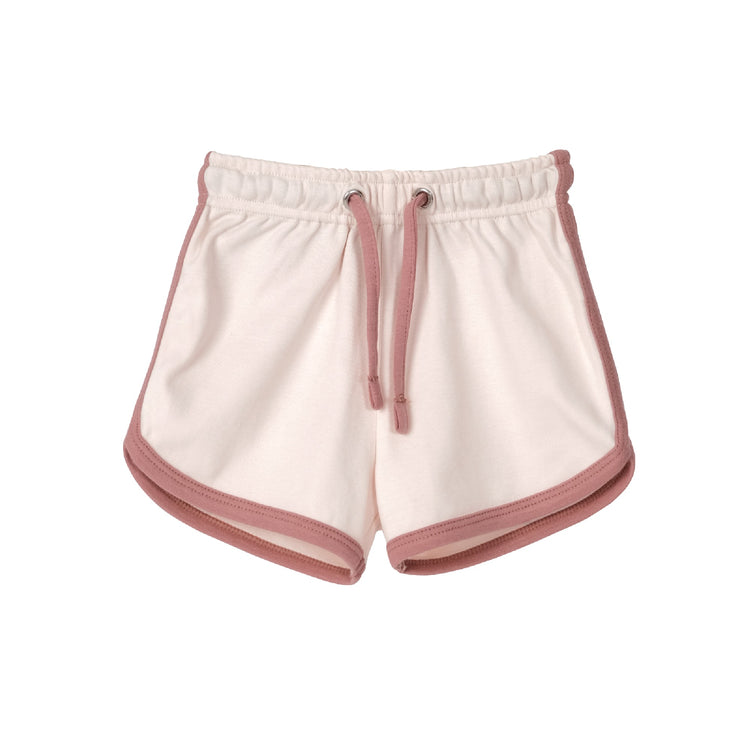 Pink shorts with a drawstring on a white background