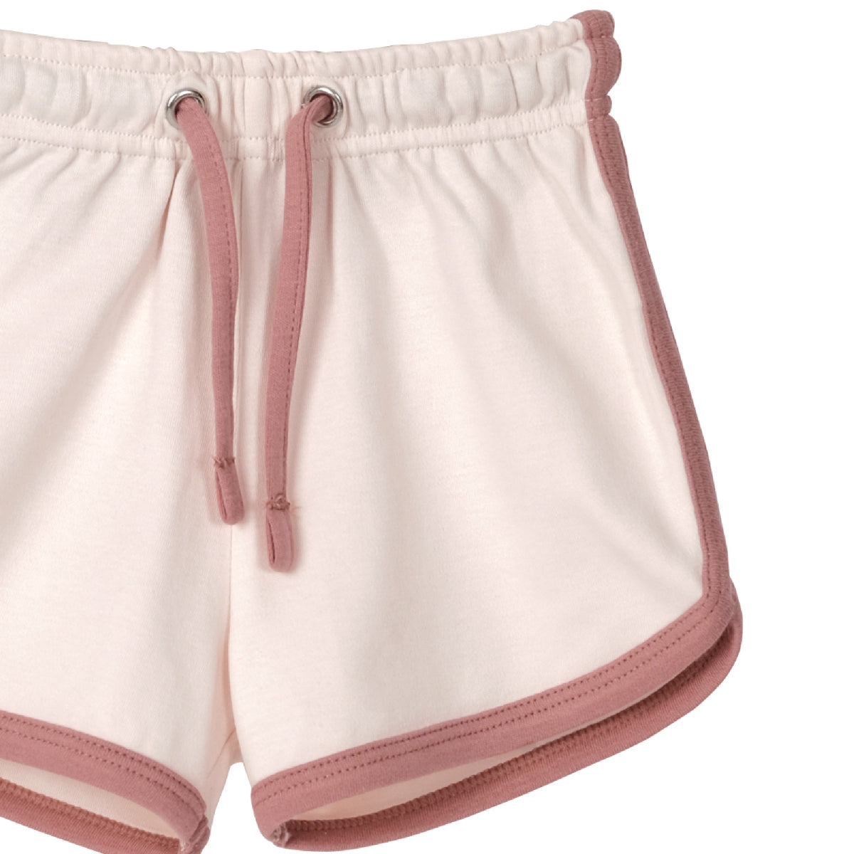 White shorts with pink trim on a white background