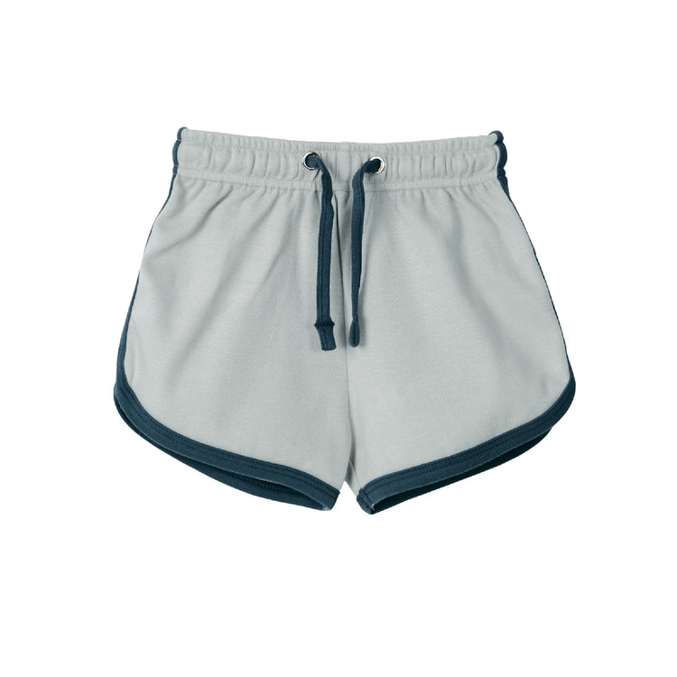 Light gray shorts with dark gray trim on a white background