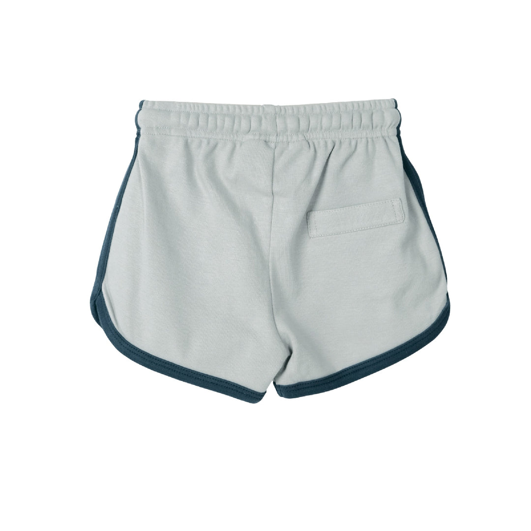 Light gray shorts with navy trim on a white background
