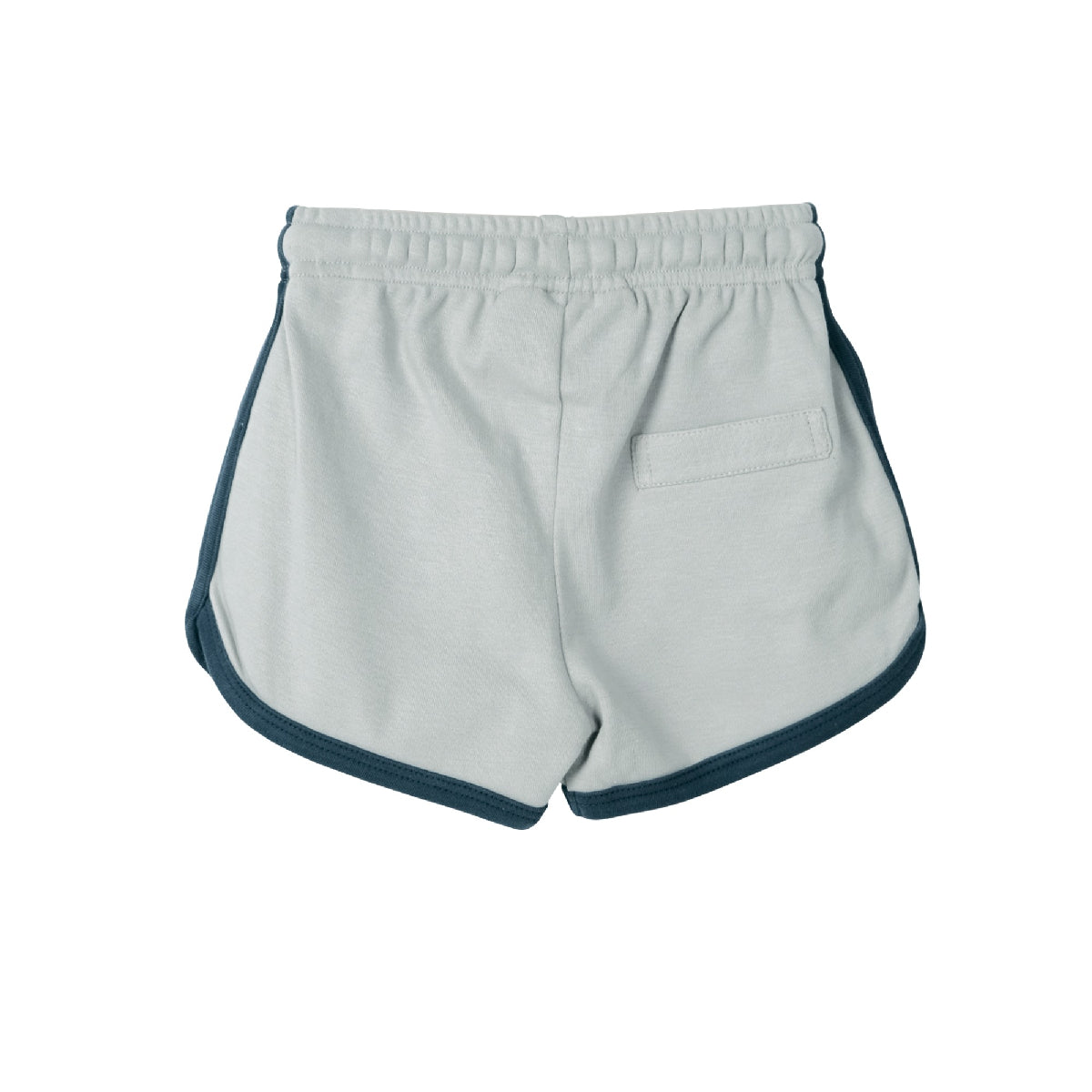 Light gray shorts with navy trim on a white background