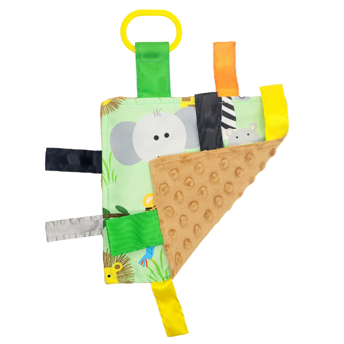 Children's toy with animal patterns and textures on a white background