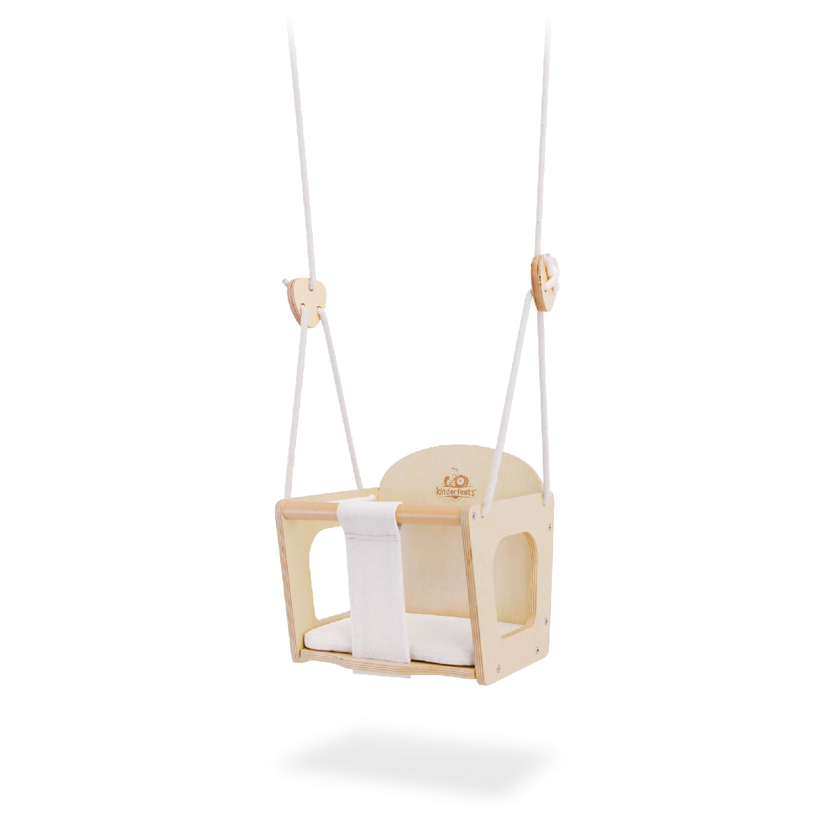 Wooden baby swing with a white cushion on a white background