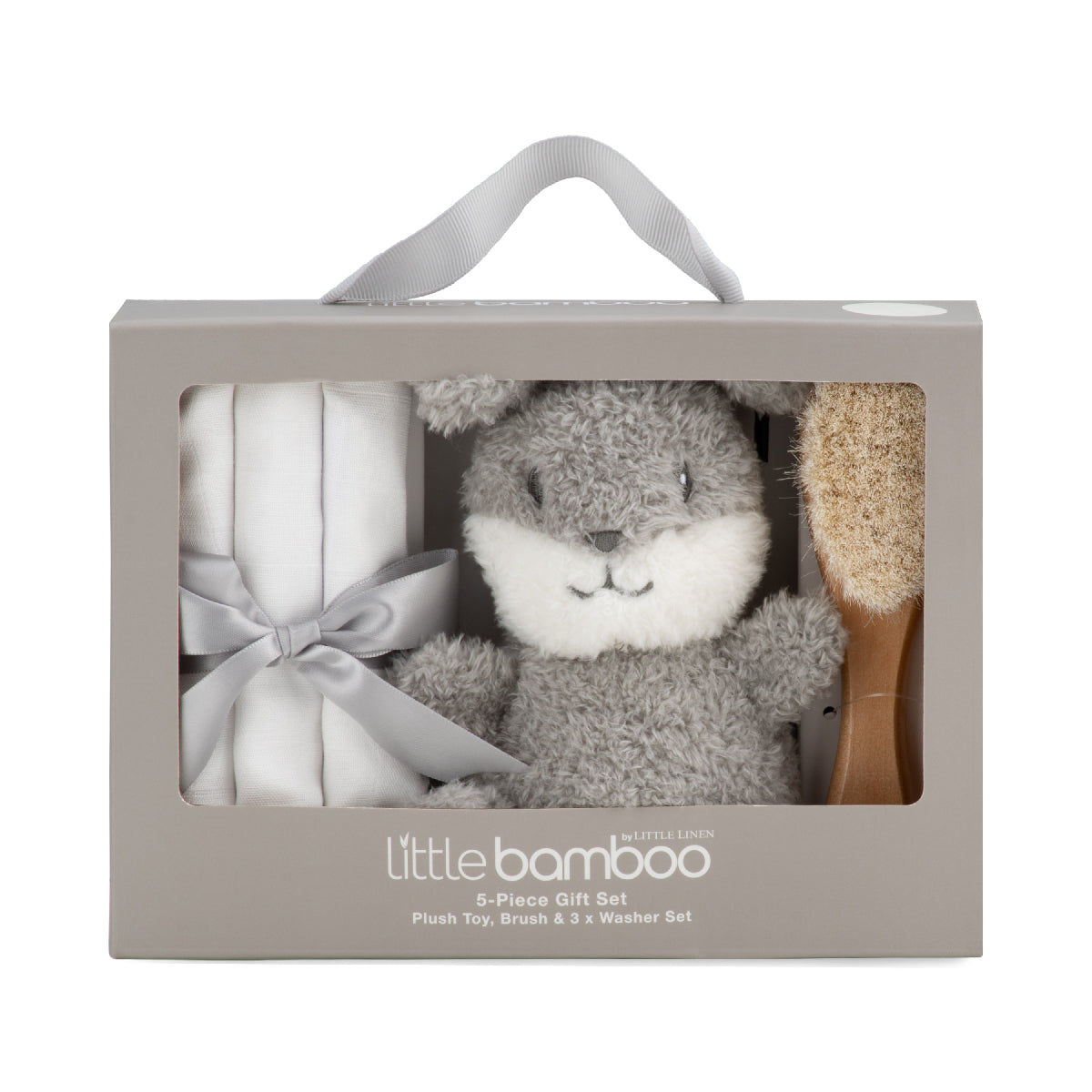 Gift set with plush toy, brush, and washcloths in a 'little bamboo' box.
