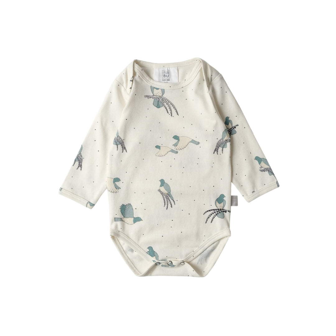 Baby bodysuit with bird pattern on a white background
