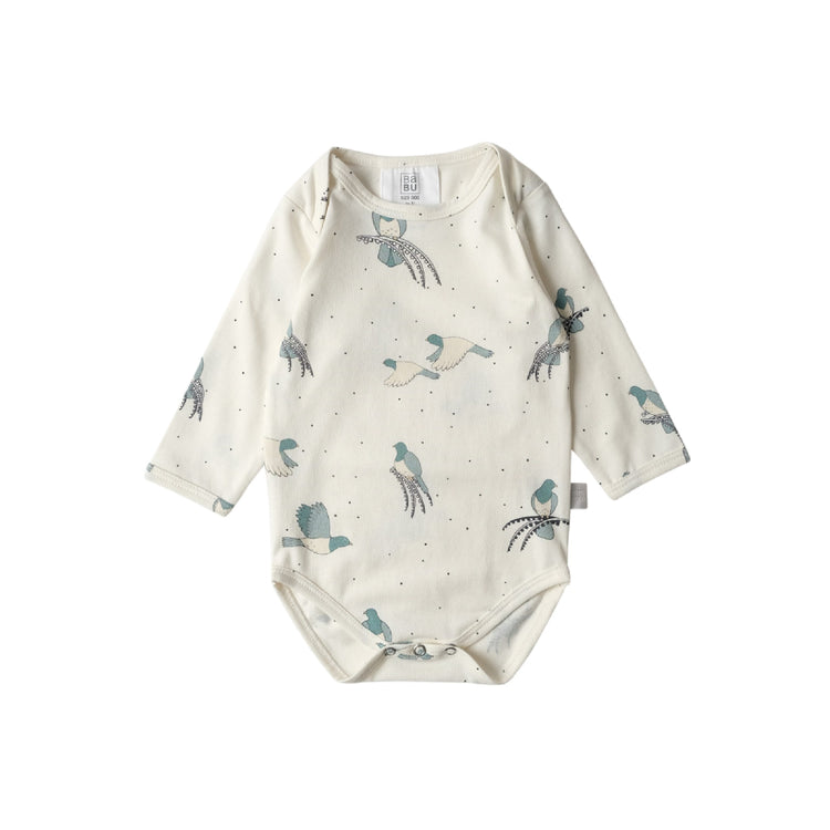 Baby bodysuit with bird pattern on a white background