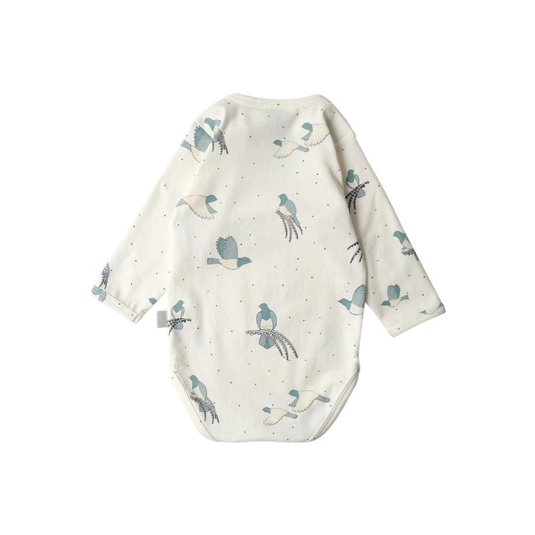 Baby onesie with bird pattern on a white background