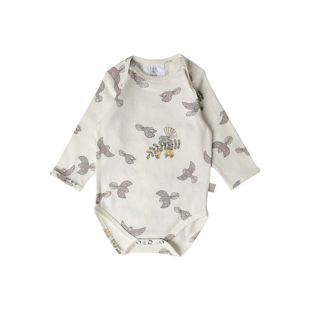Baby bodysuit with bird pattern on a white background