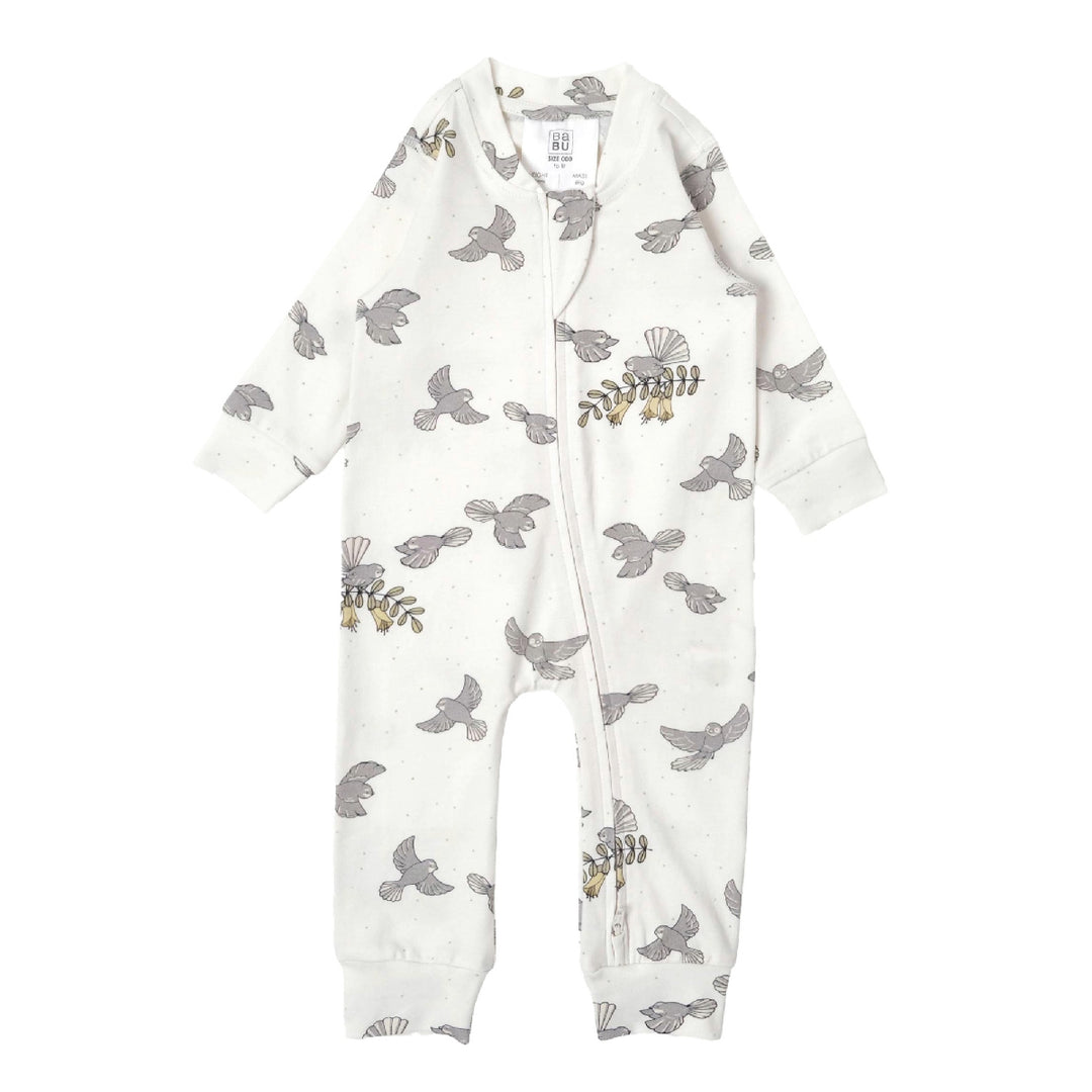 Baby onesie with bird pattern on a white background