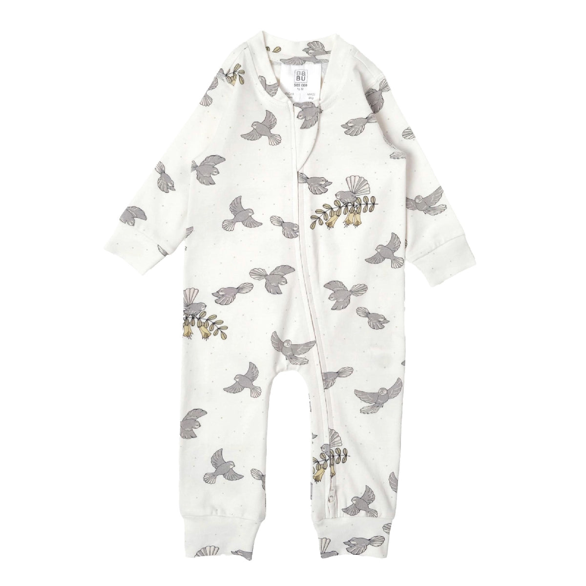 Baby onesie with bird pattern on a white background