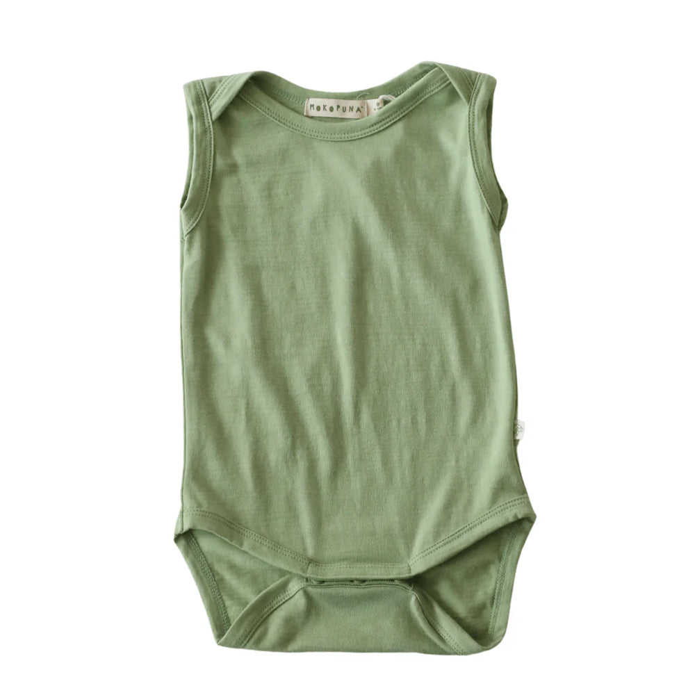 Green sleeveless baby bodysuit on a white background