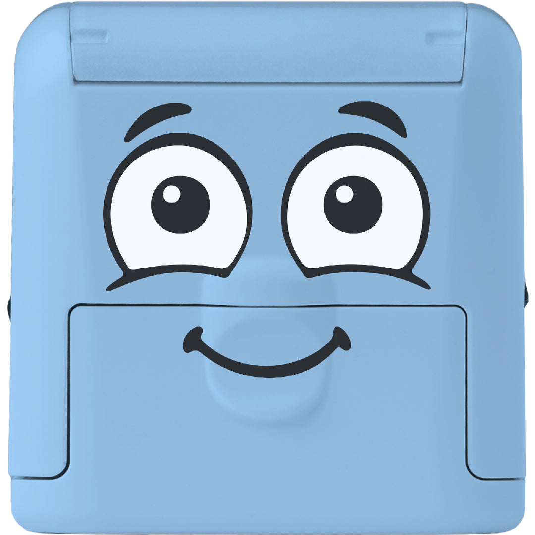 Blue square-shaped object with cartoon face on a white background