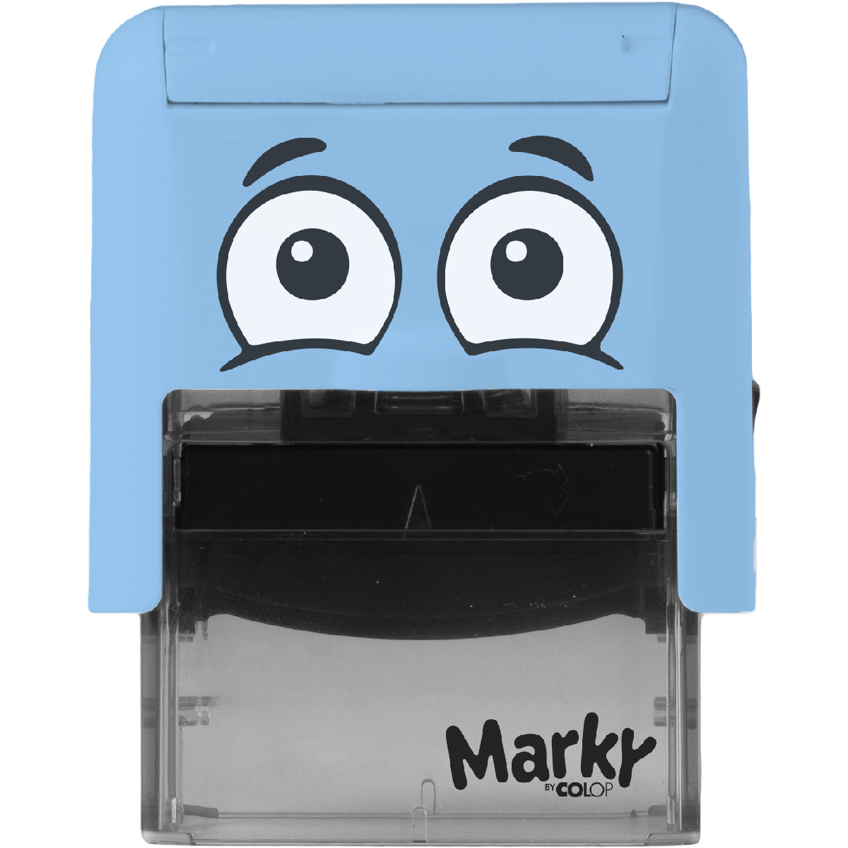 Blue stamp with cartoon face design and 'Marky' branding on a white background