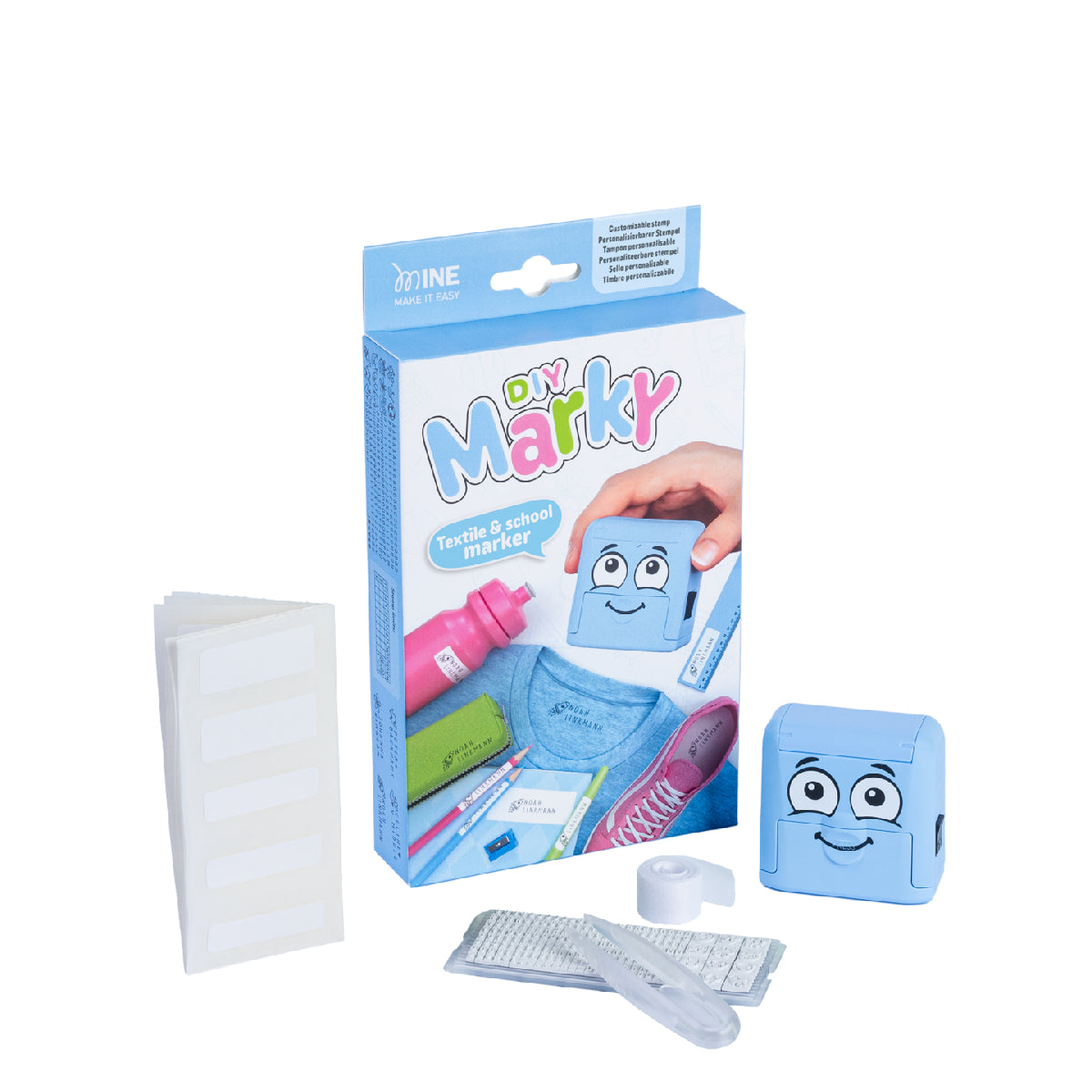 Packaging of a children's toy with a smiley face design on a white background