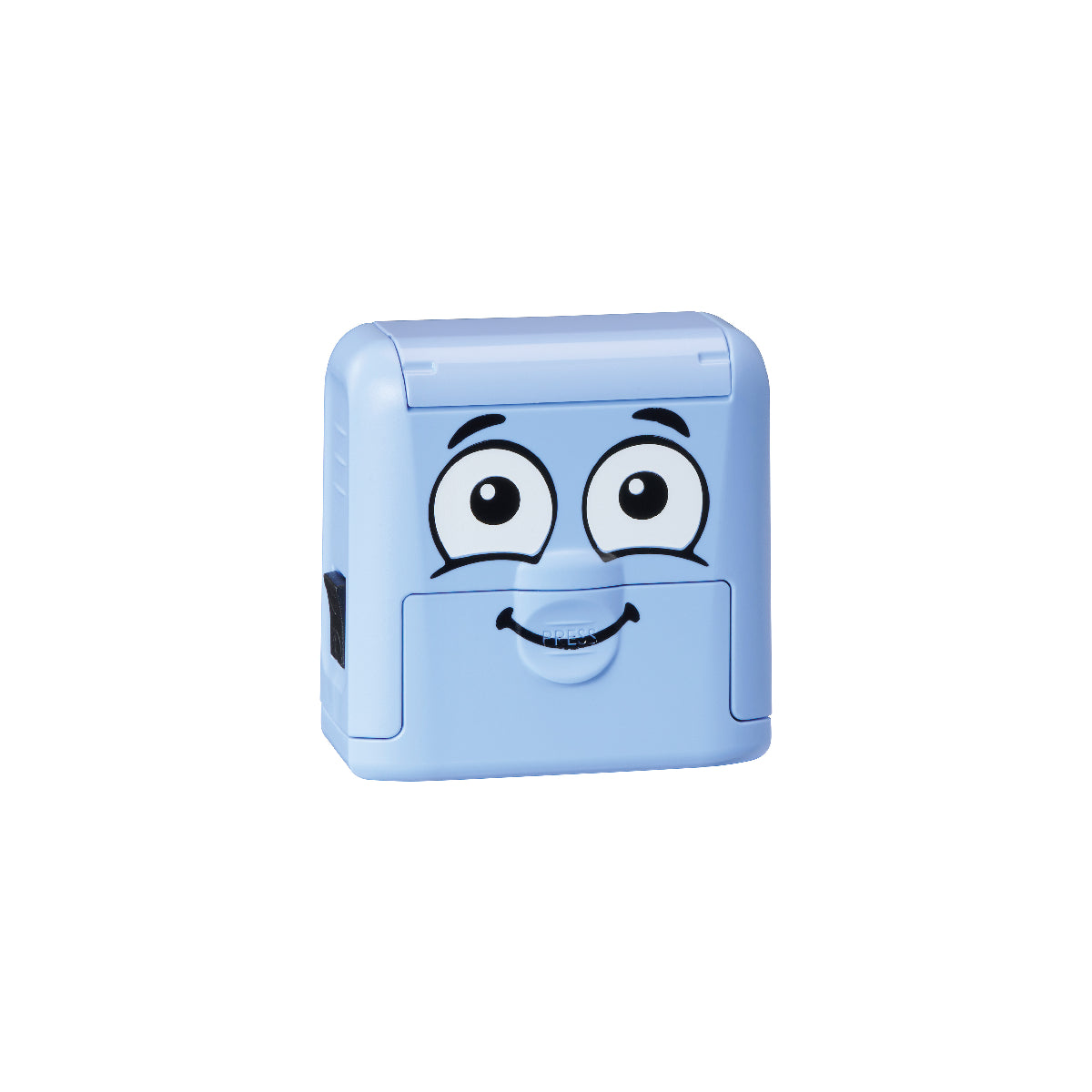 Blue rectangular object with cartoon face on a white background