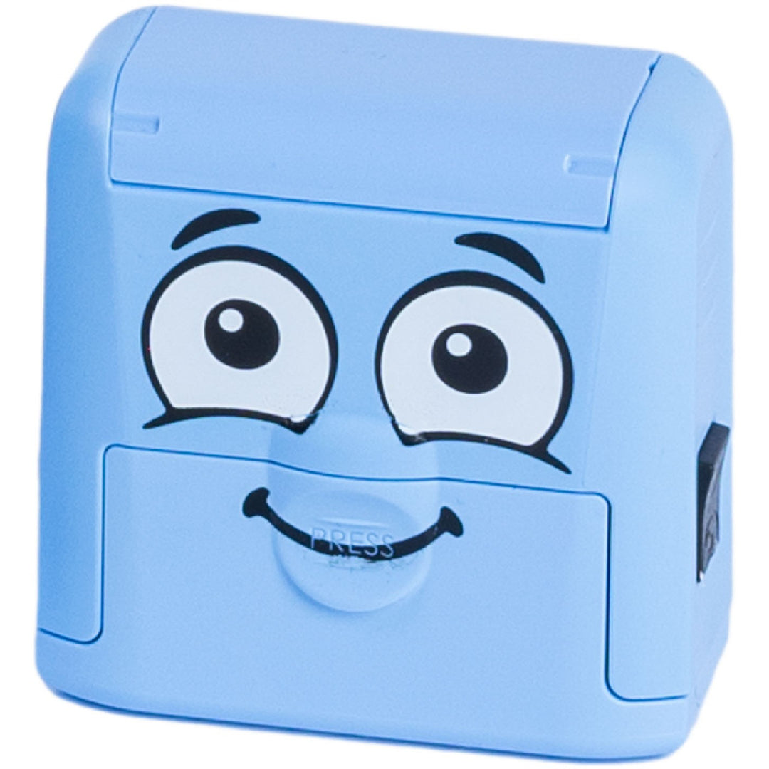 Blue rectangular device with cartoon face on a white background