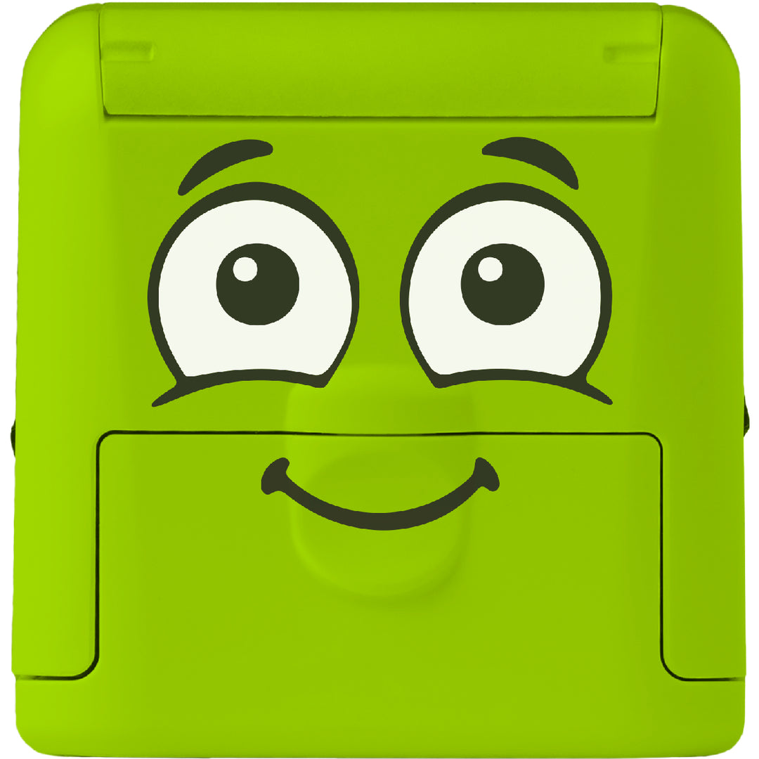 Green rectangular object with cartoon face on a white background