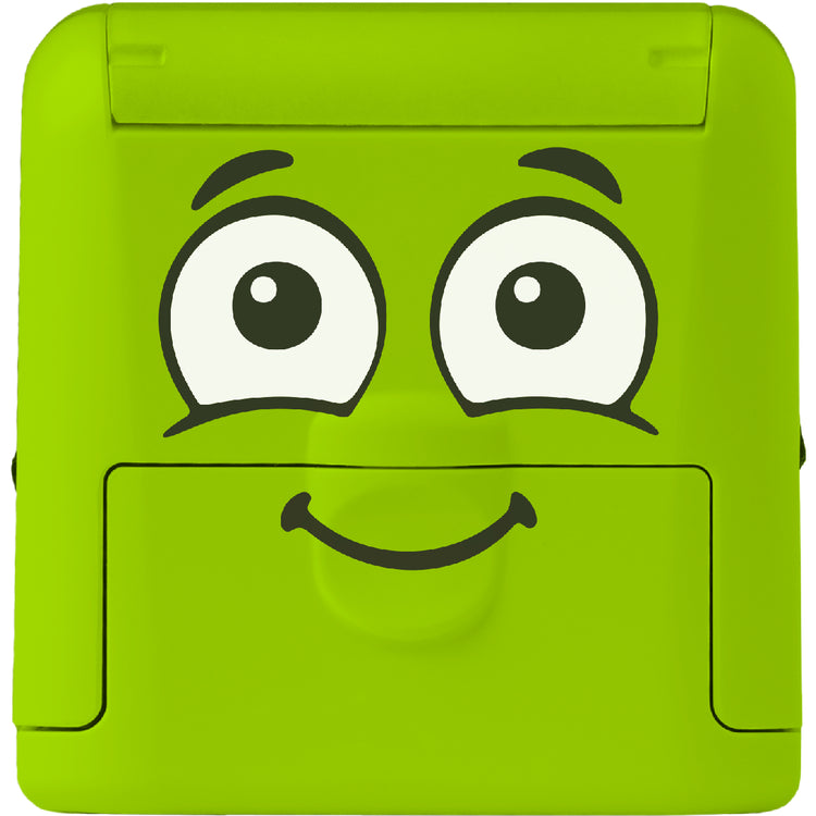 Green rectangular object with cartoon face on a white background