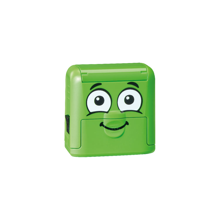 Green rectangular object with a face on a white background