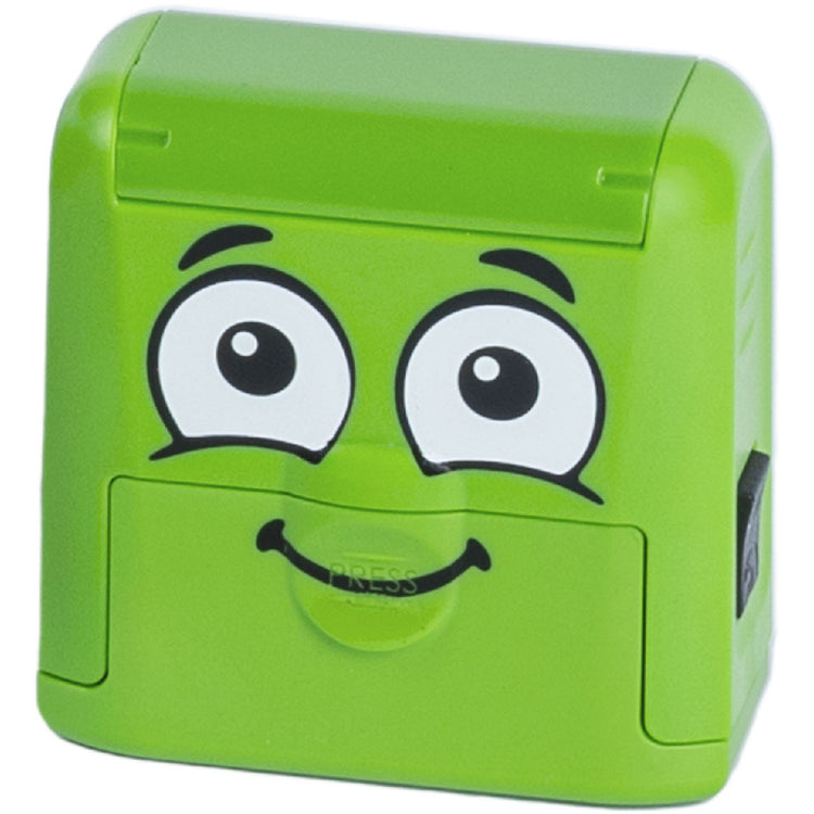 Green rectangular device with cartoon face on a white background