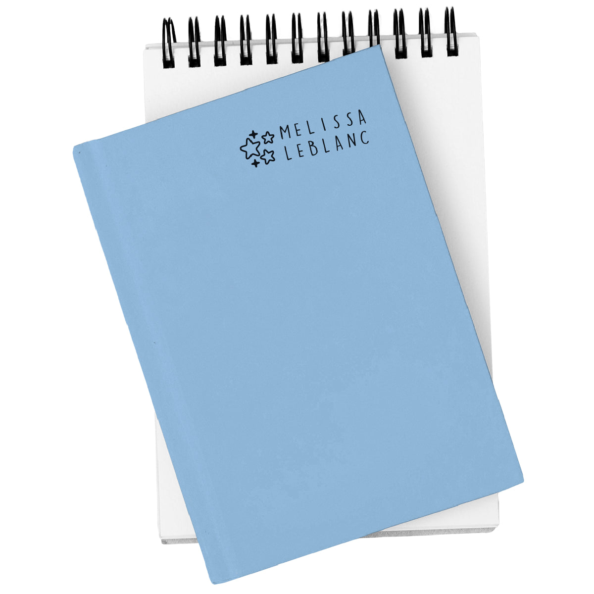 Light blue notebook with 'Melissa LeBlanc' branding on a white background