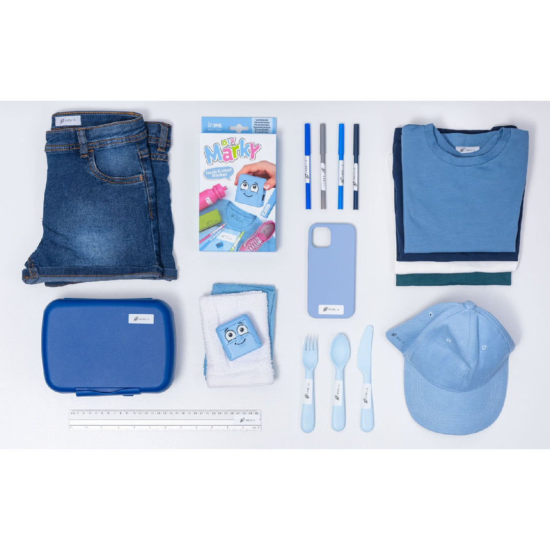 Collection of blue clothing and accessories on a white background