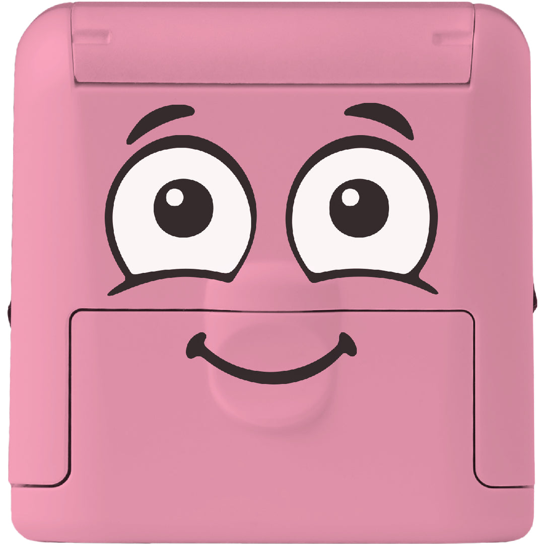 Pink square-shaped object with cartoon face on a white background