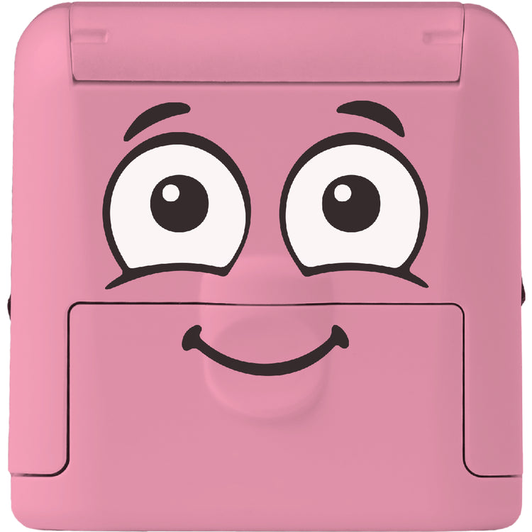 Pink square-shaped object with cartoon face on a white background