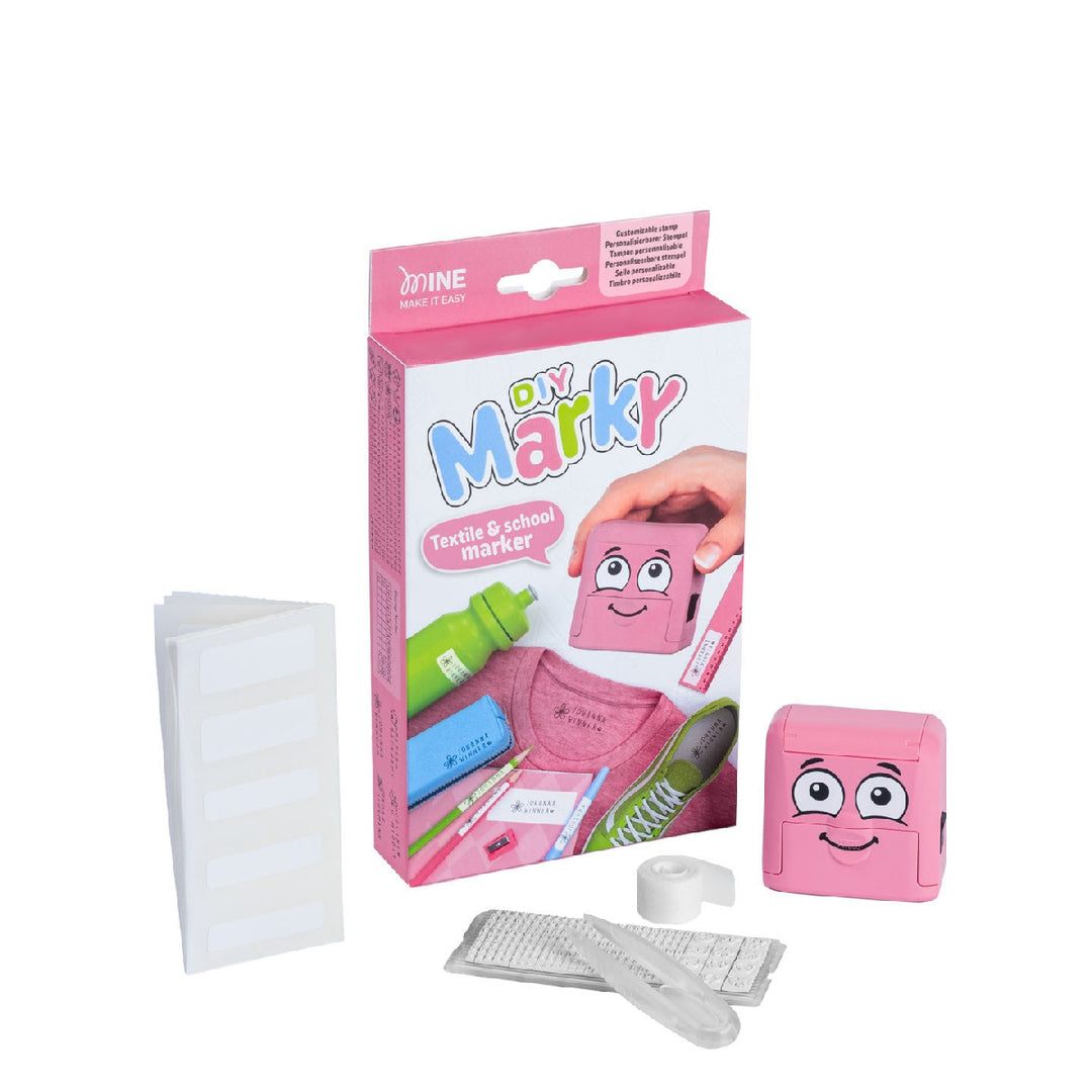 Pink 'Do Marky' textile and school marker kit with packaging, markers, and a sample on a white background.