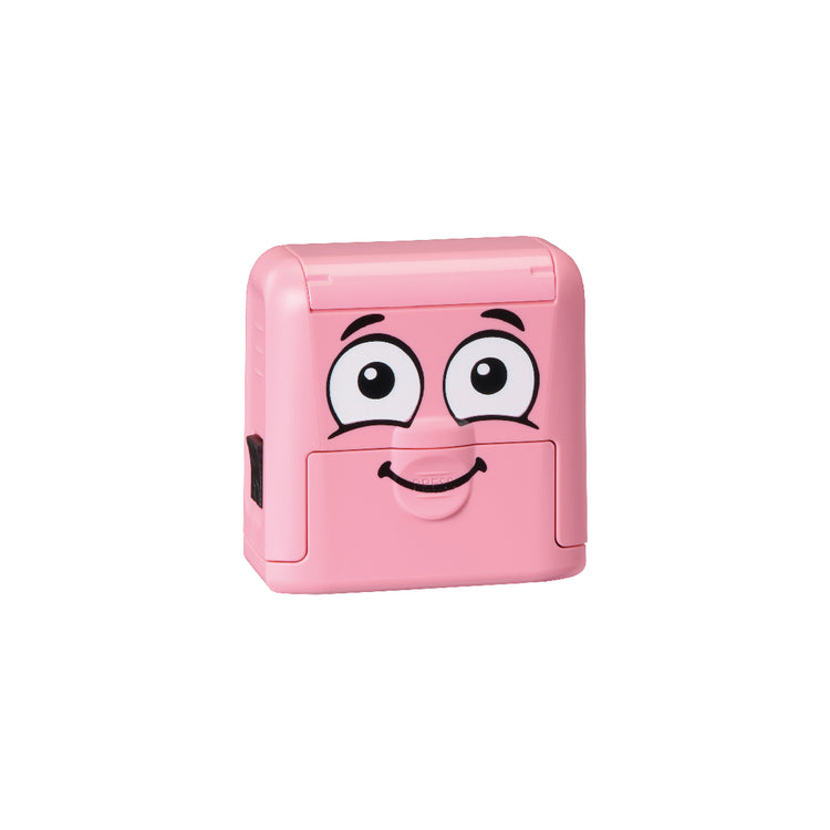 Pink rectangular device with cartoon face on a white background